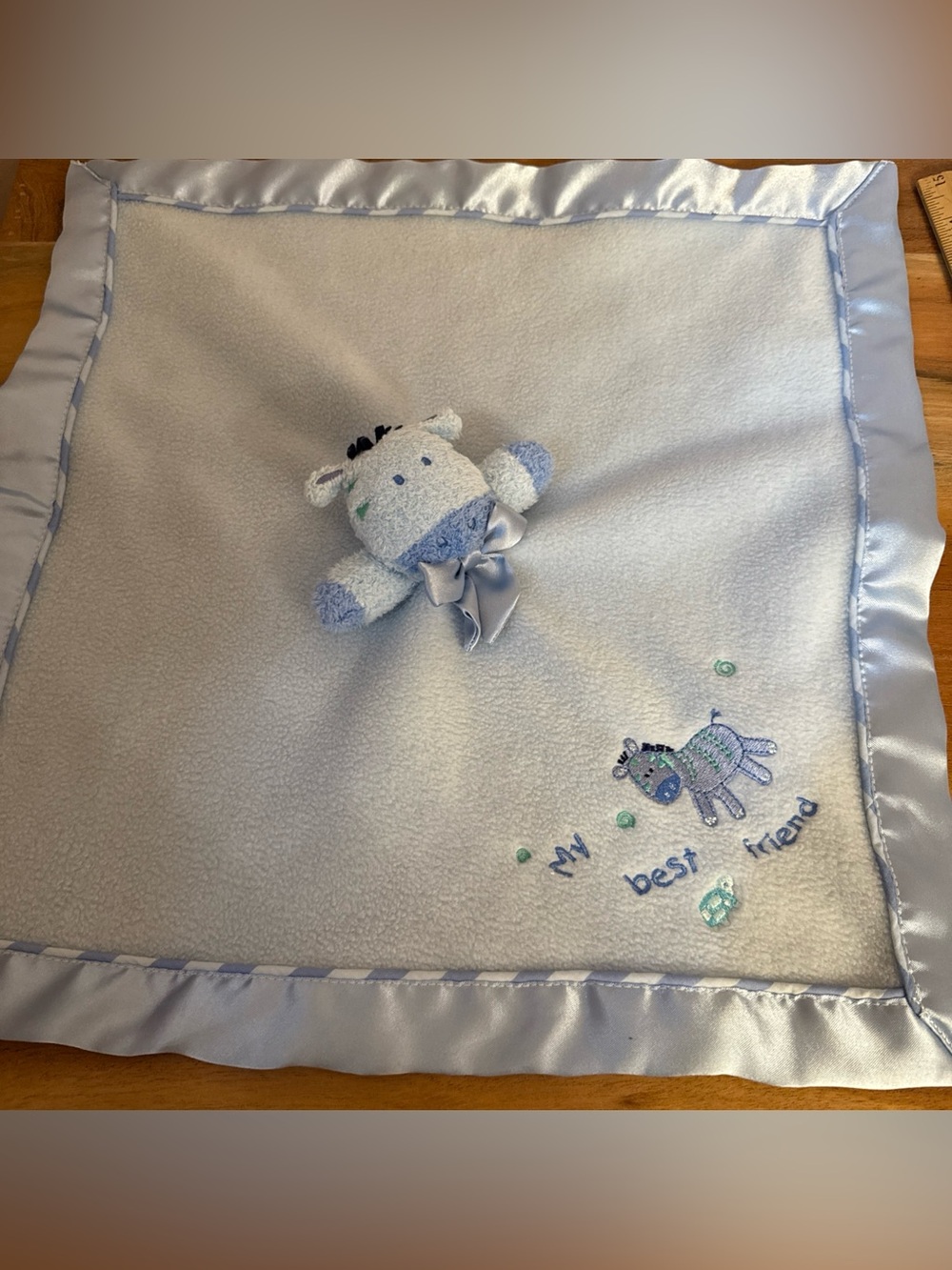 Carter’s Blue Zebra Lovey Giraffe Child of Mine Blanket Rattle Satin BEST FRIEND